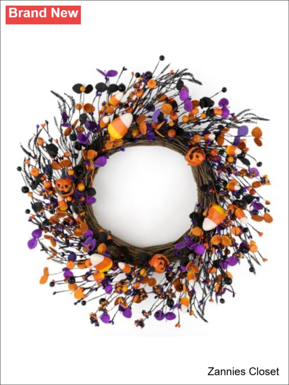 👻 22" Halloween Wreath Jack-o'-Lantern Candy Grapevine Door Decor